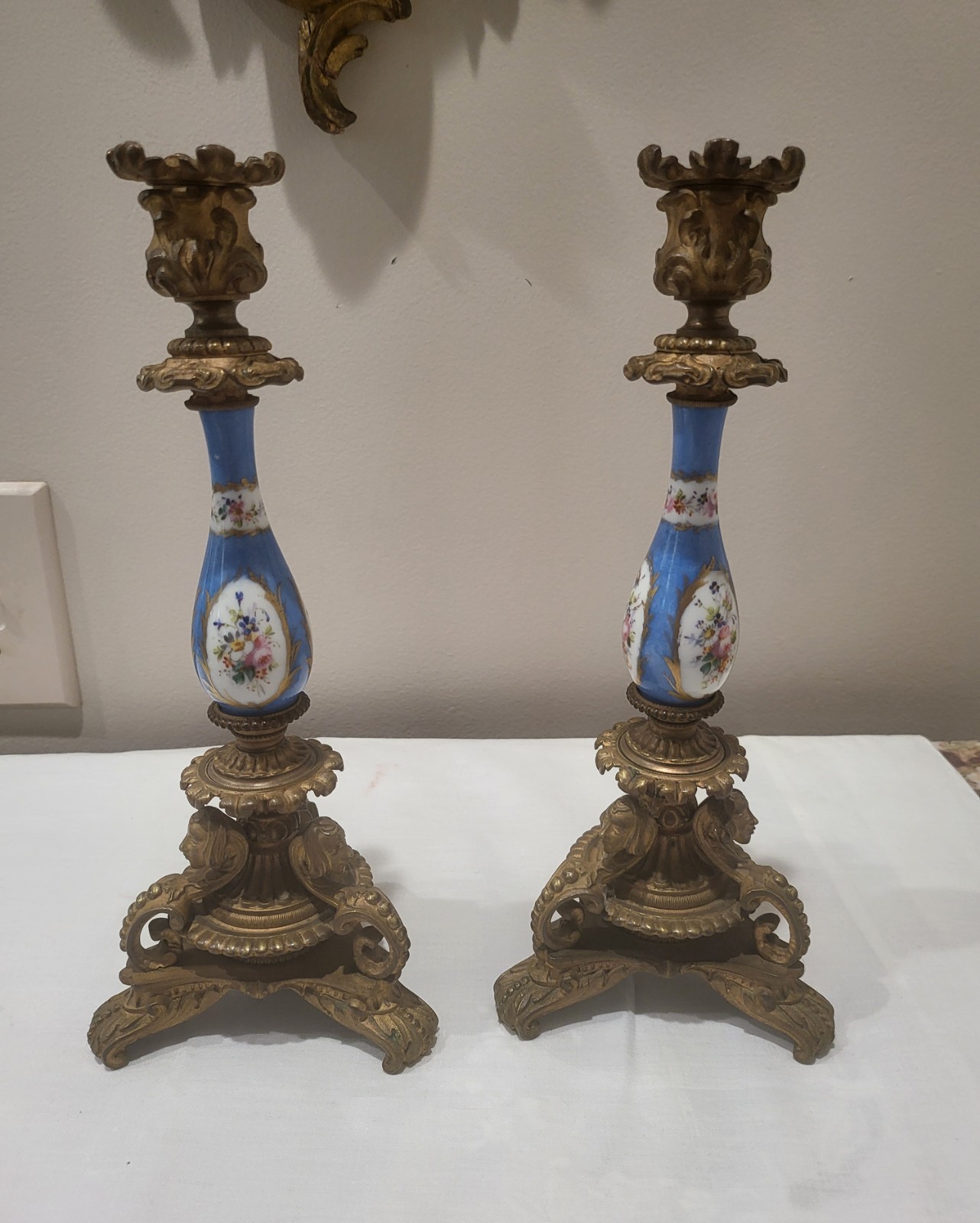 Antique Sevres Style Gilt Brass and Hand Painted Porcelain Candlesticks Antique Sevres Style Gilt Brass and Hand Painted Porcelain Candlesticks