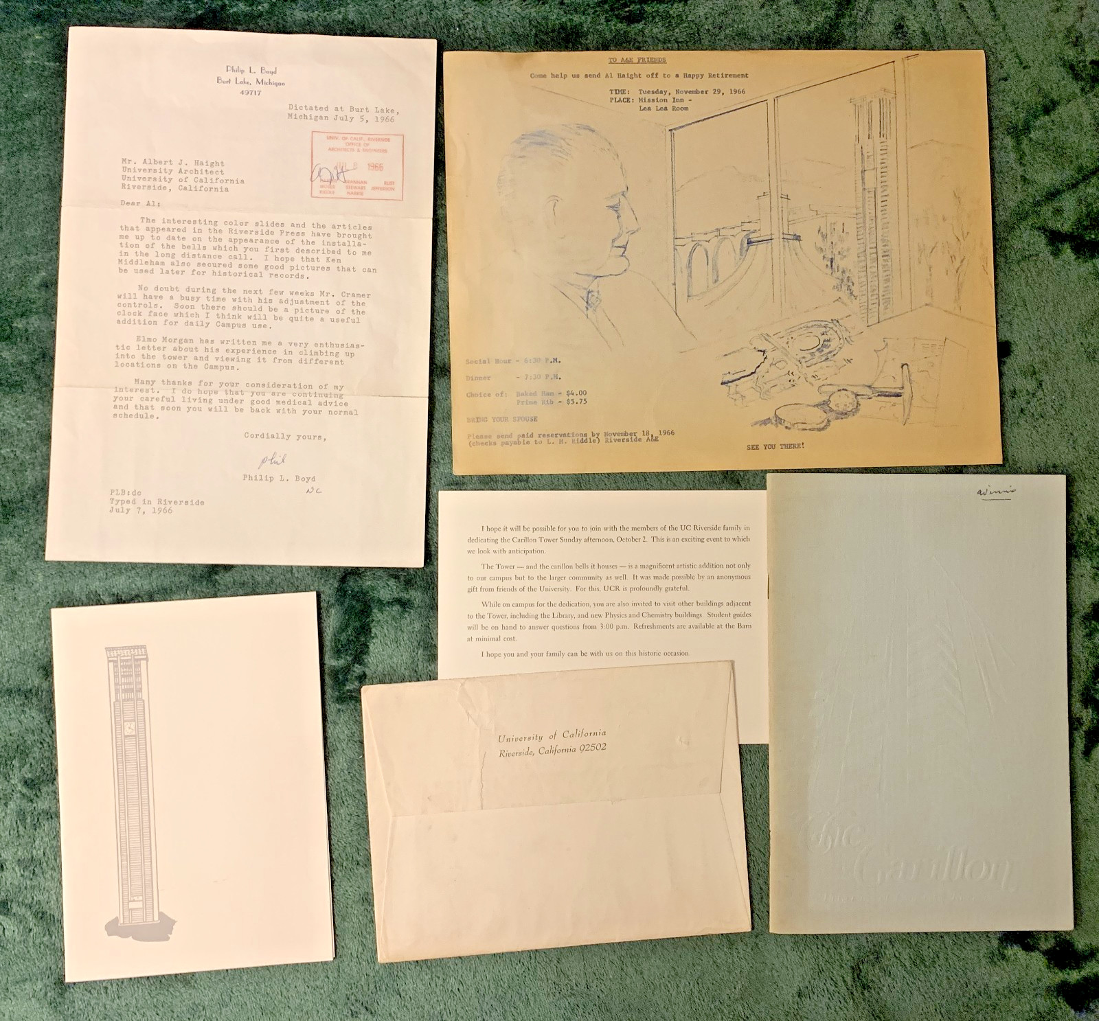 1966 UC Riverside carillon Bell Tower dedication invitation Ivan Hinderaker item