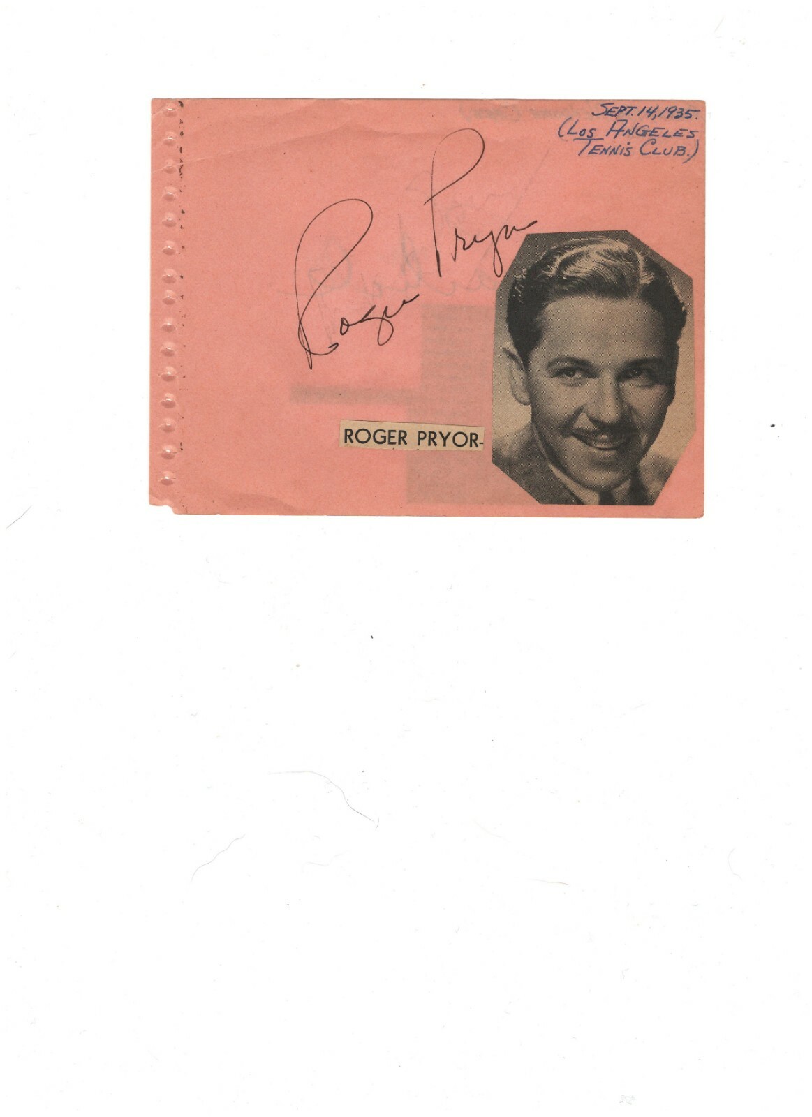 ACTOR ROGER PRYOR ACTRESS KITTY CARLISLE AUTOGRAPHS ON ALBUM PAGE