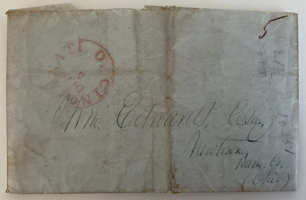 1845 Folded Stampless Letter From Cincinnati Oh To Newtown Pa Hog Prices 