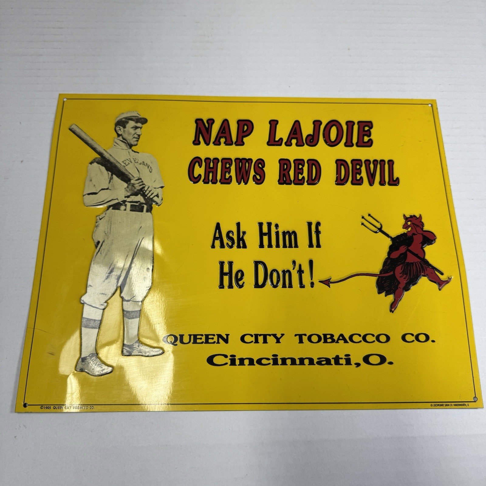 Queen City Tobacco Co. 1905 Nap Lajoie Chews Red Devil Repro Sign