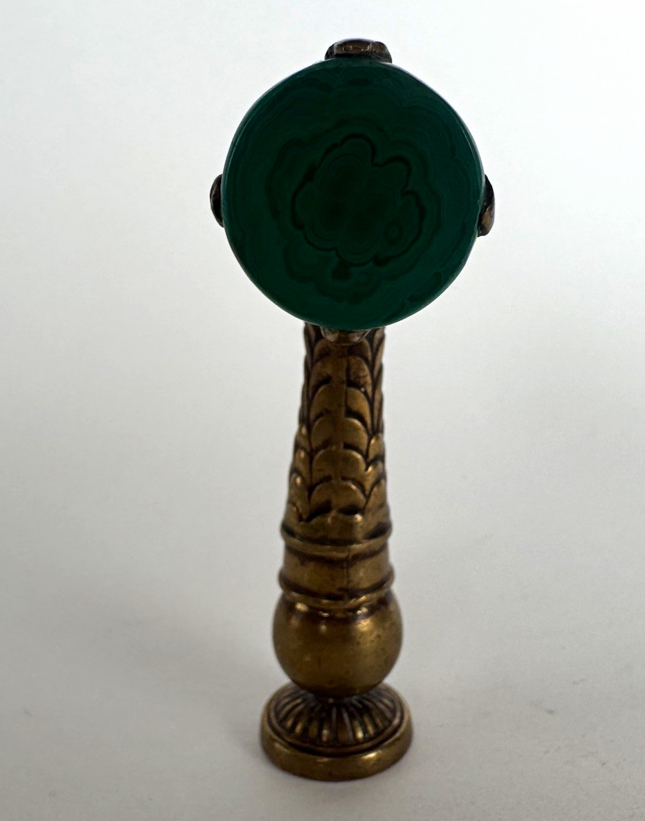 Antique 19th-Century Victorian Brass Wax Seal Stamp with Malachite Stone Handle