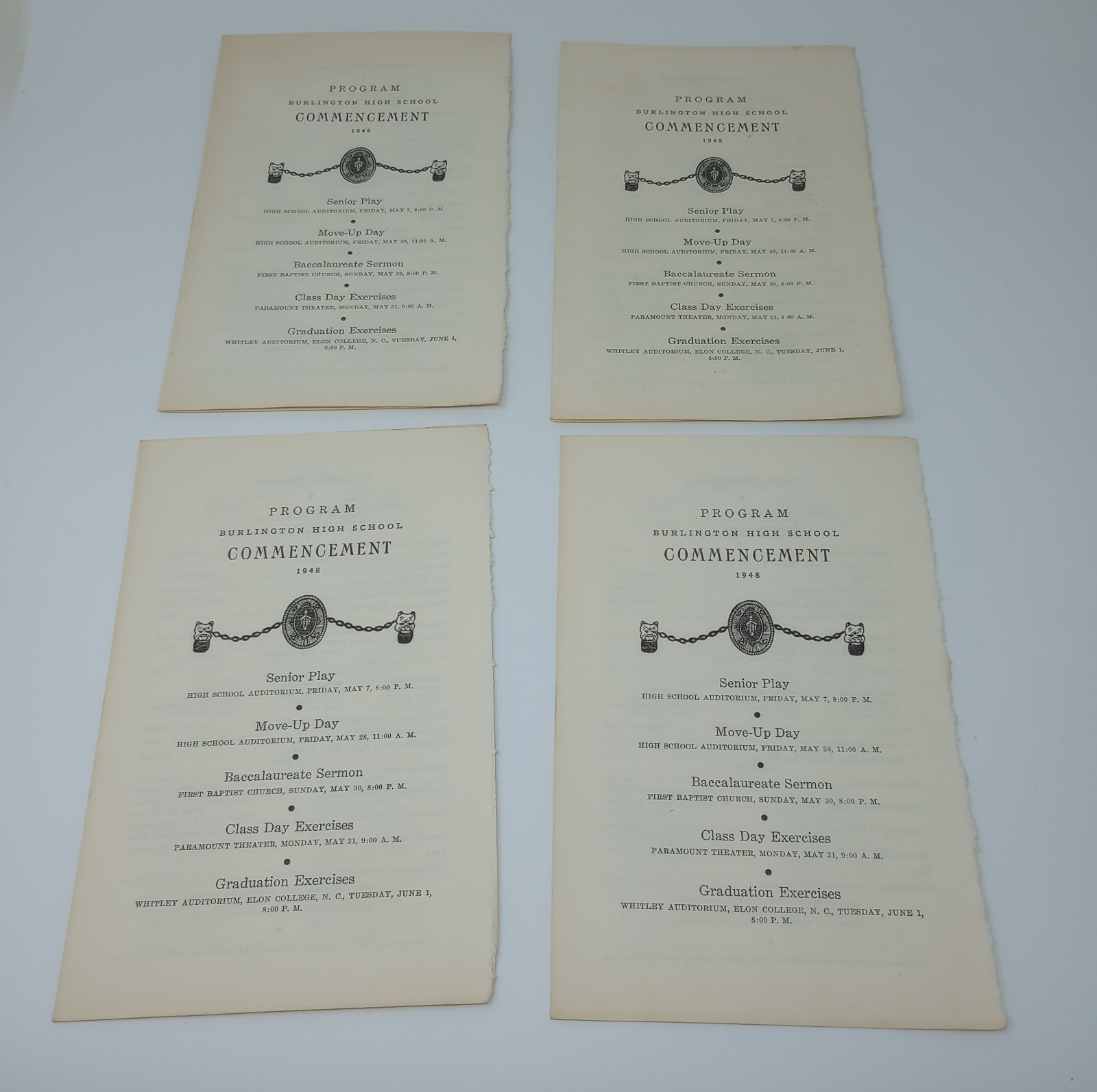 Lot Of 4 Vintage 1948 Burlington NC High School Commencement Programs