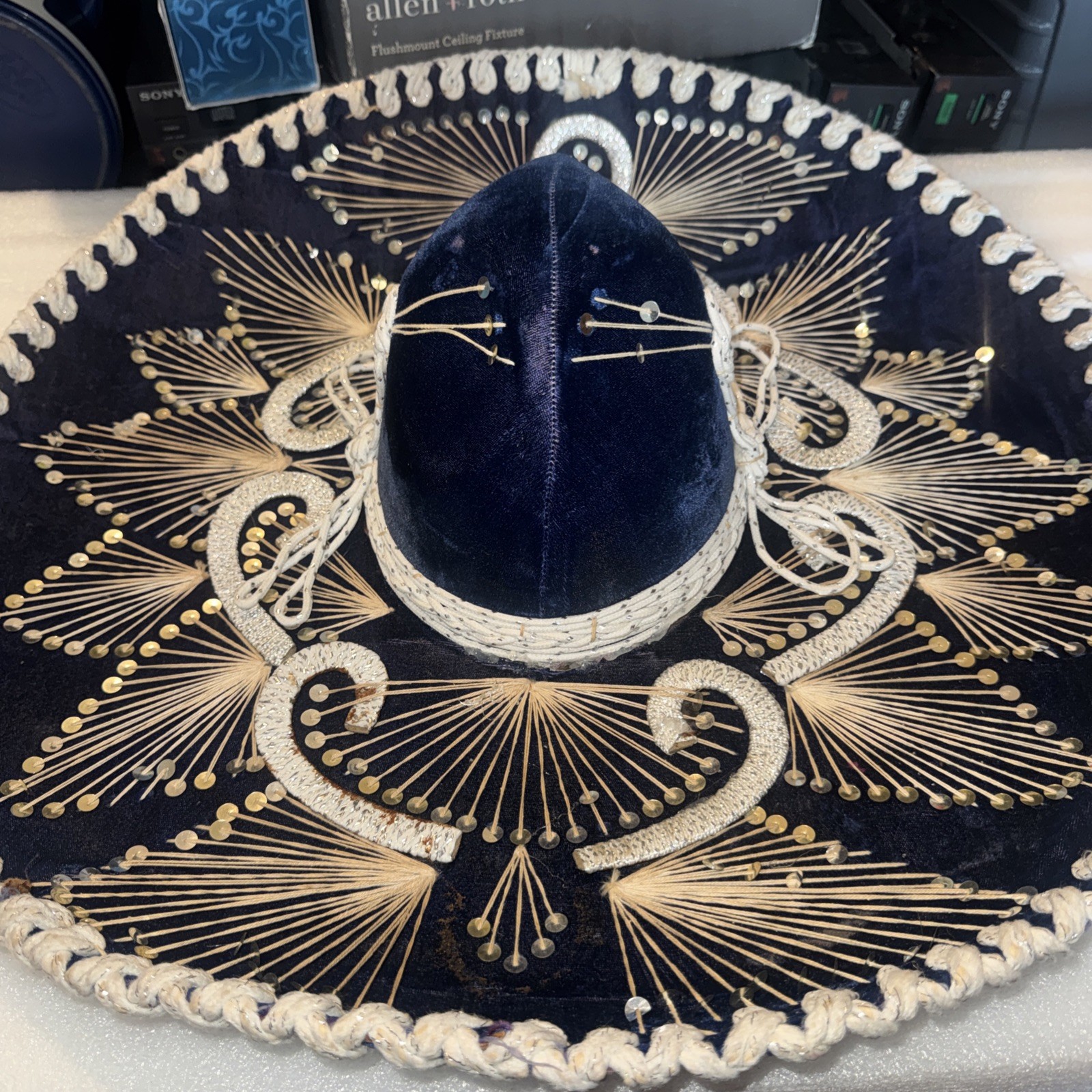 Vintage Authentic Mexican Sombrero Black Velvet With Spectacular White/silver 