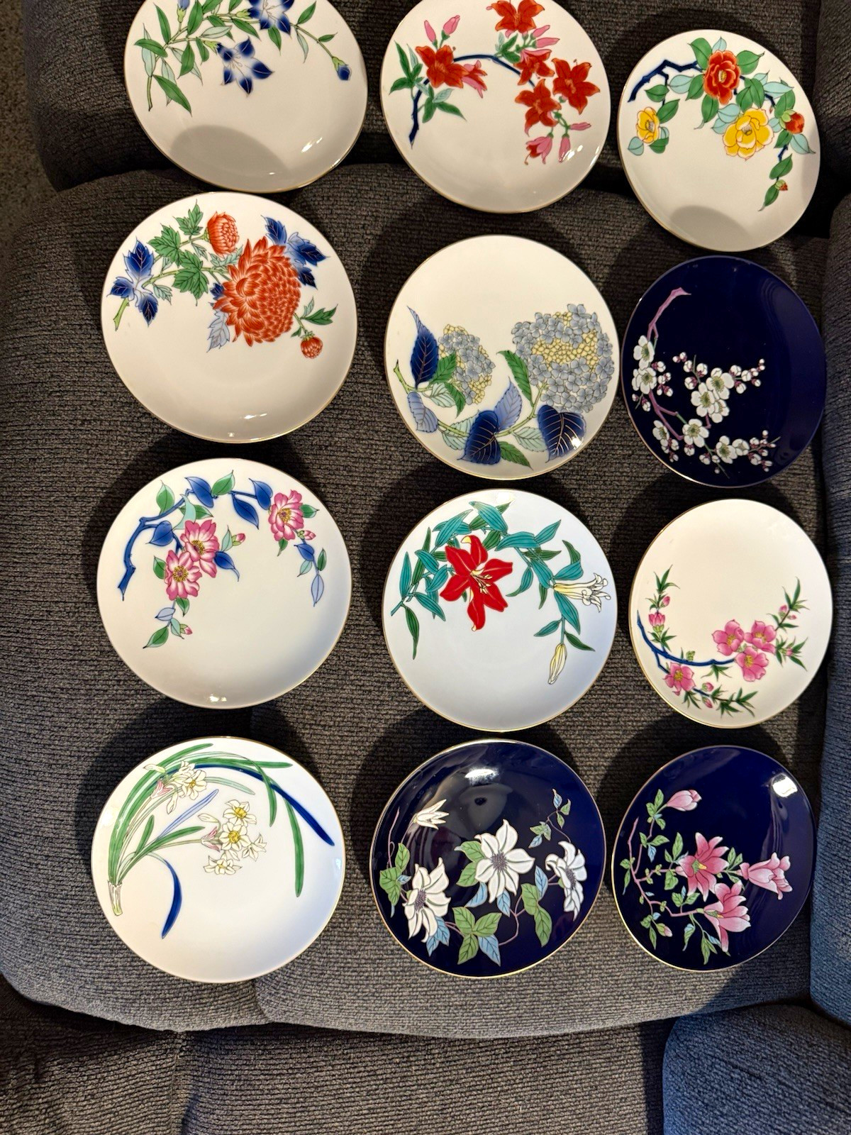 Full Set 12 Vintage Ashibi Japan Porcelain Plates Flower of Month Shozan Hisabe 