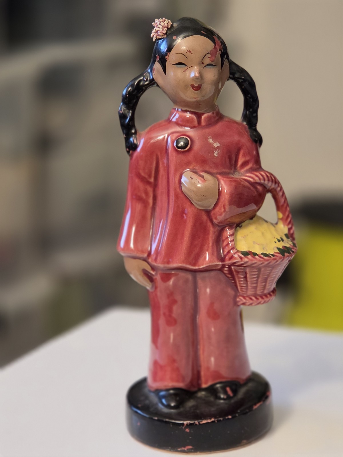 Vintage Red Pottery Asian Girl Figurine With Basket UCTCI Japan