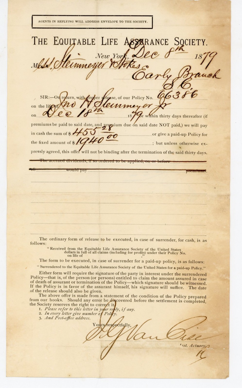 1879 Equitable Life Assurance Letter Early Branch SC Steinmeyer Stokes Ephemera 1879 Equitable Life Assurance Letter Early Branch SC Steinmeyer Stokes Ephemera