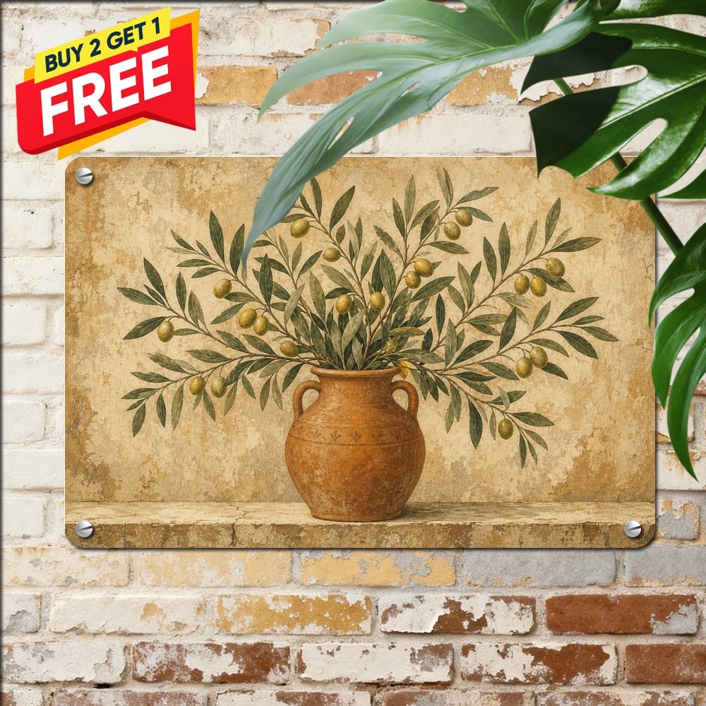 Olive Branch Still Life Painting Terracotta Vase Mediterranean Metal Art Sign