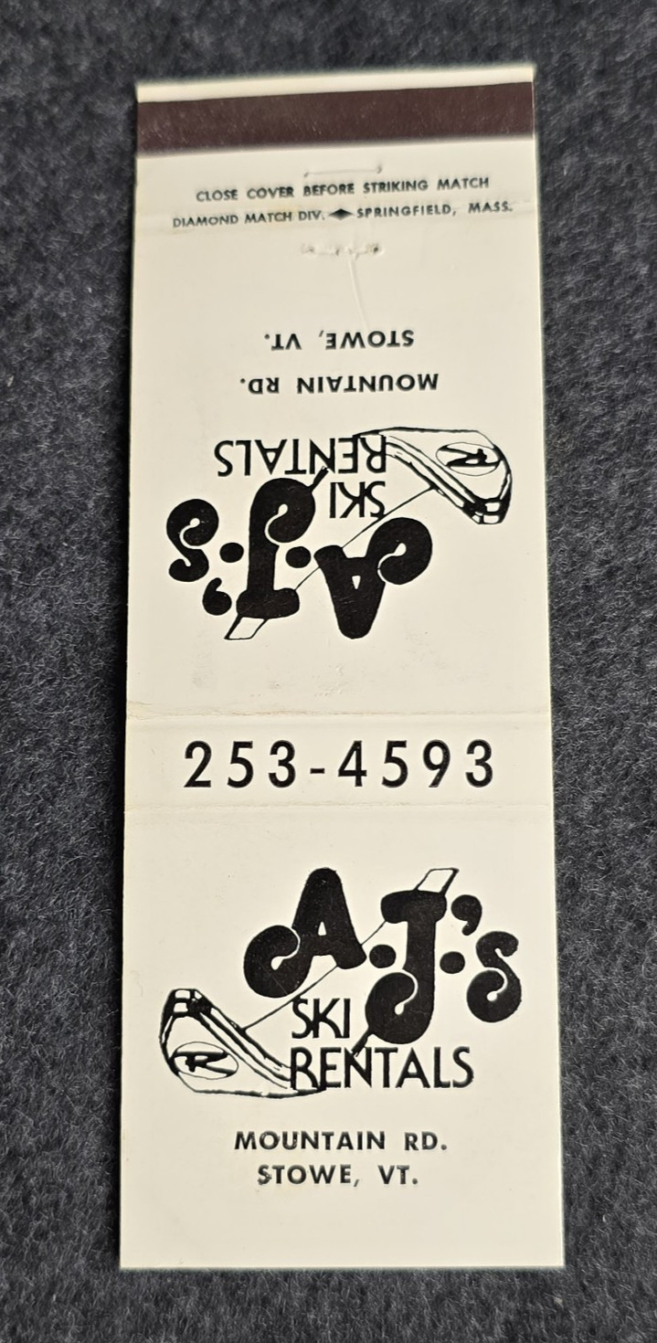 Vintage Match Matchbook Cover: A.J\'s Ski Rentals Stowe, Vt