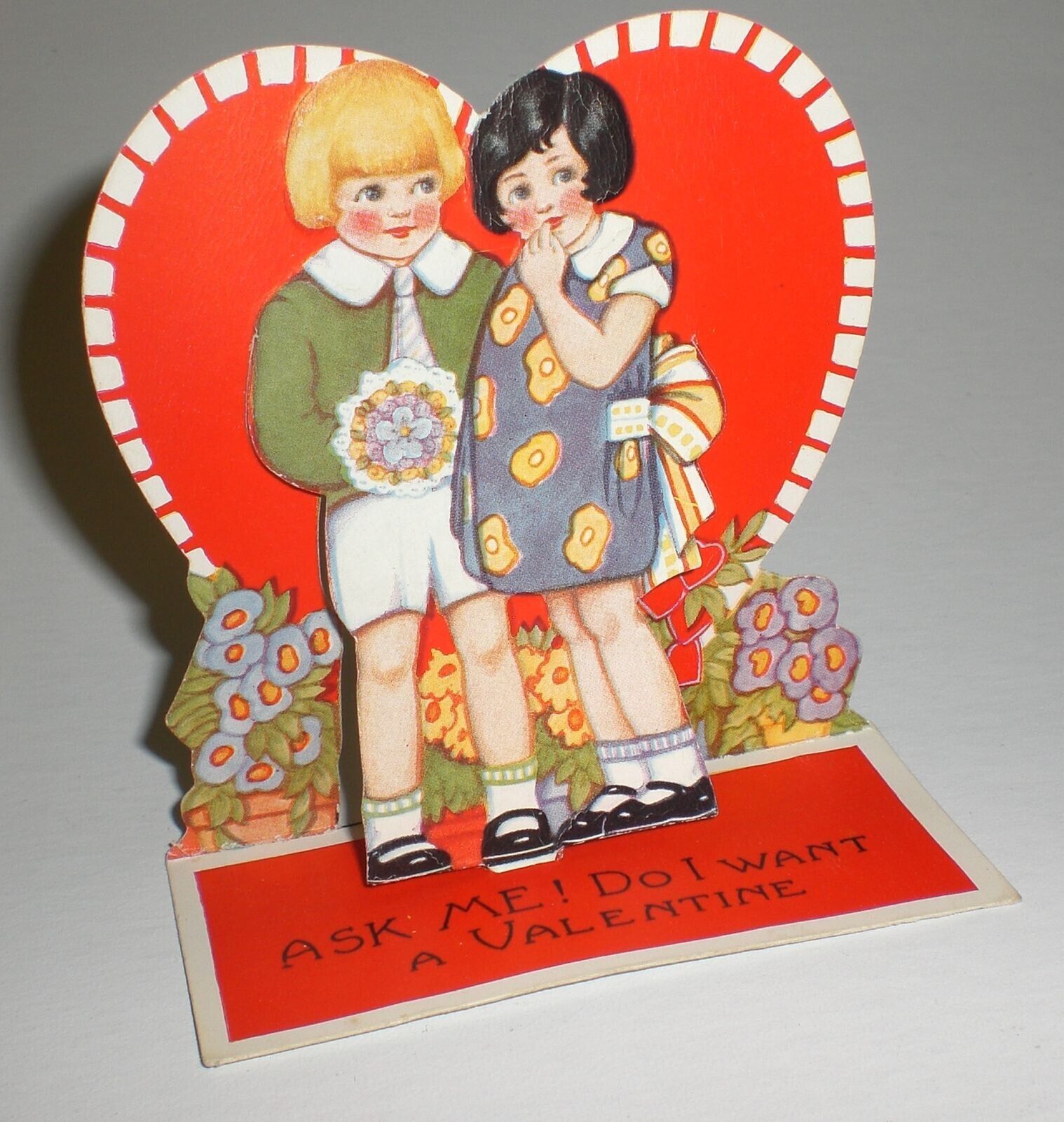 Valentine Boy Girl Flowers Vintage Die Cut Embossed Fold Out Stand Up