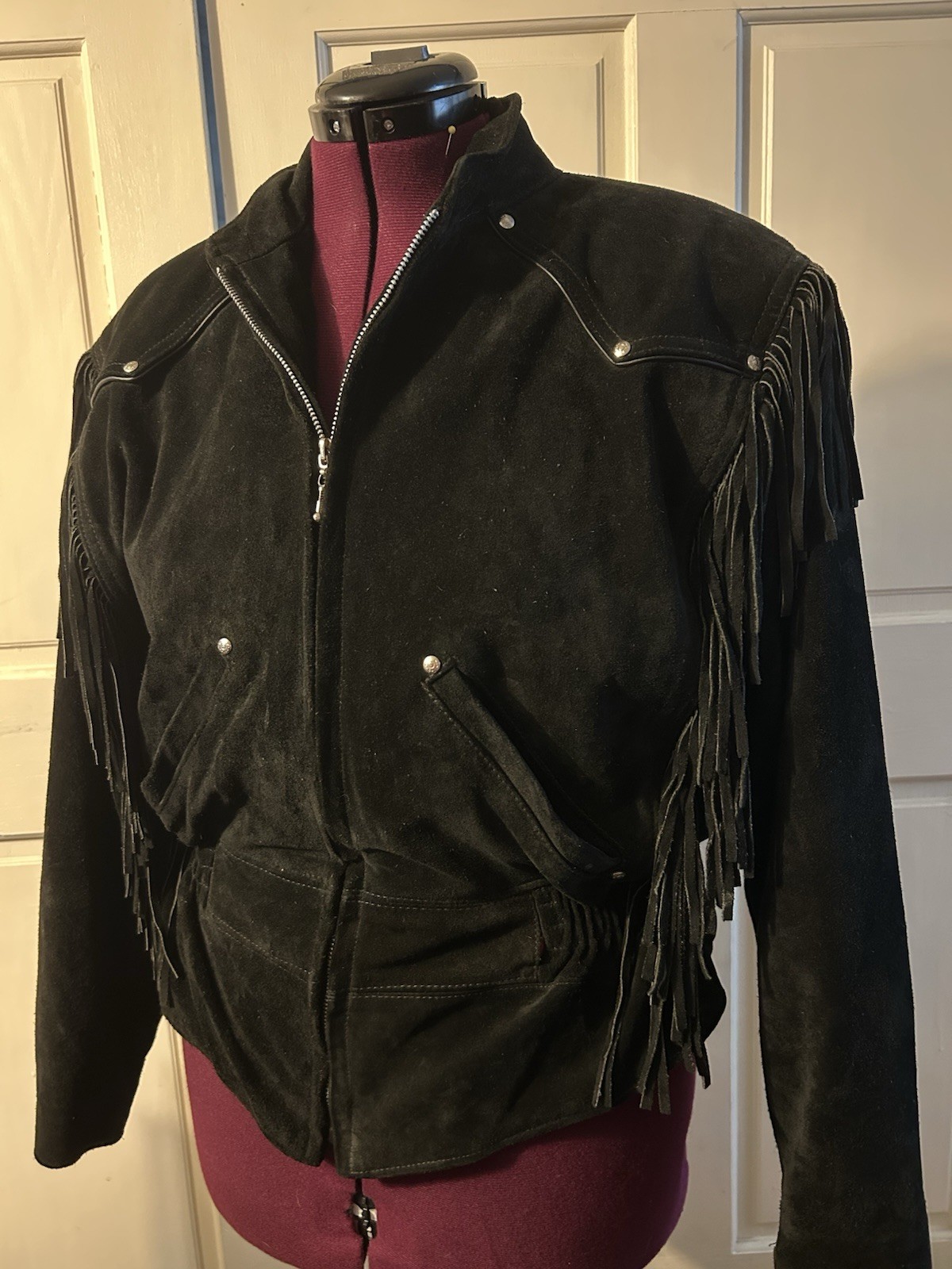 Harley Davidson Vintage 'USA Black Suede Fringe Motorcycle Jacket Size Large
