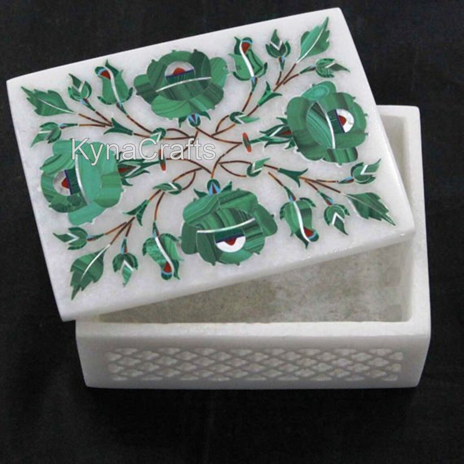 4 x 3 Inches Hand Carving Work Jewelry Box White Marble Office Accessories Box