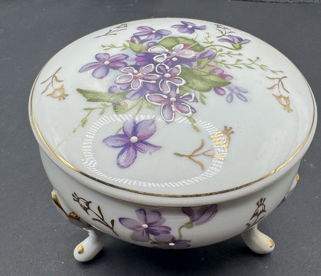 Vintage Porcelain Footed Trinket Box purple Floral Gold Guilt Vanity Dresser Jar