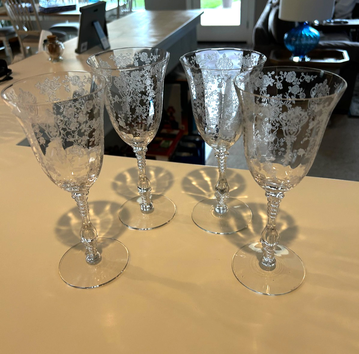 Set of 4 Cambridge Glass Rose Point Water Goblet 3121 Stem - 10 oz