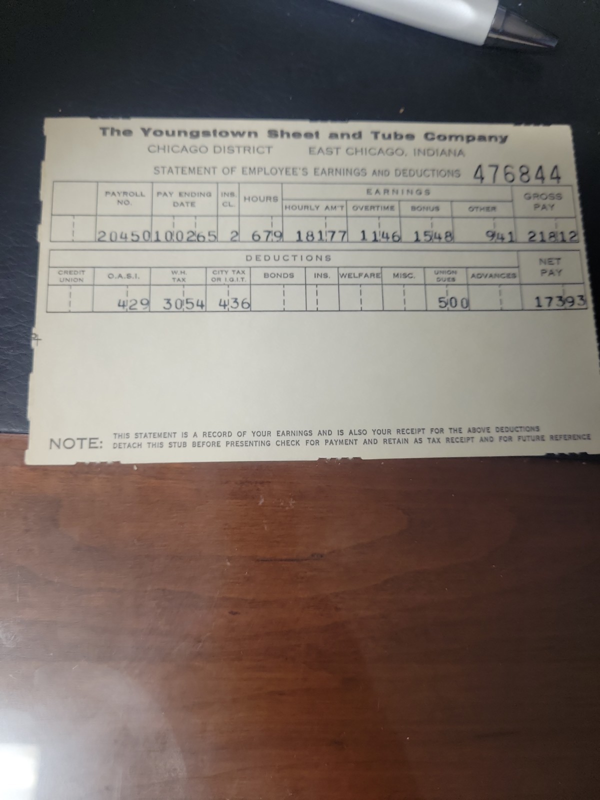 Youngstown Sheet And Tube Vintage Pay Stub Youngstown Sheet And Tube Vintage Pay Stub