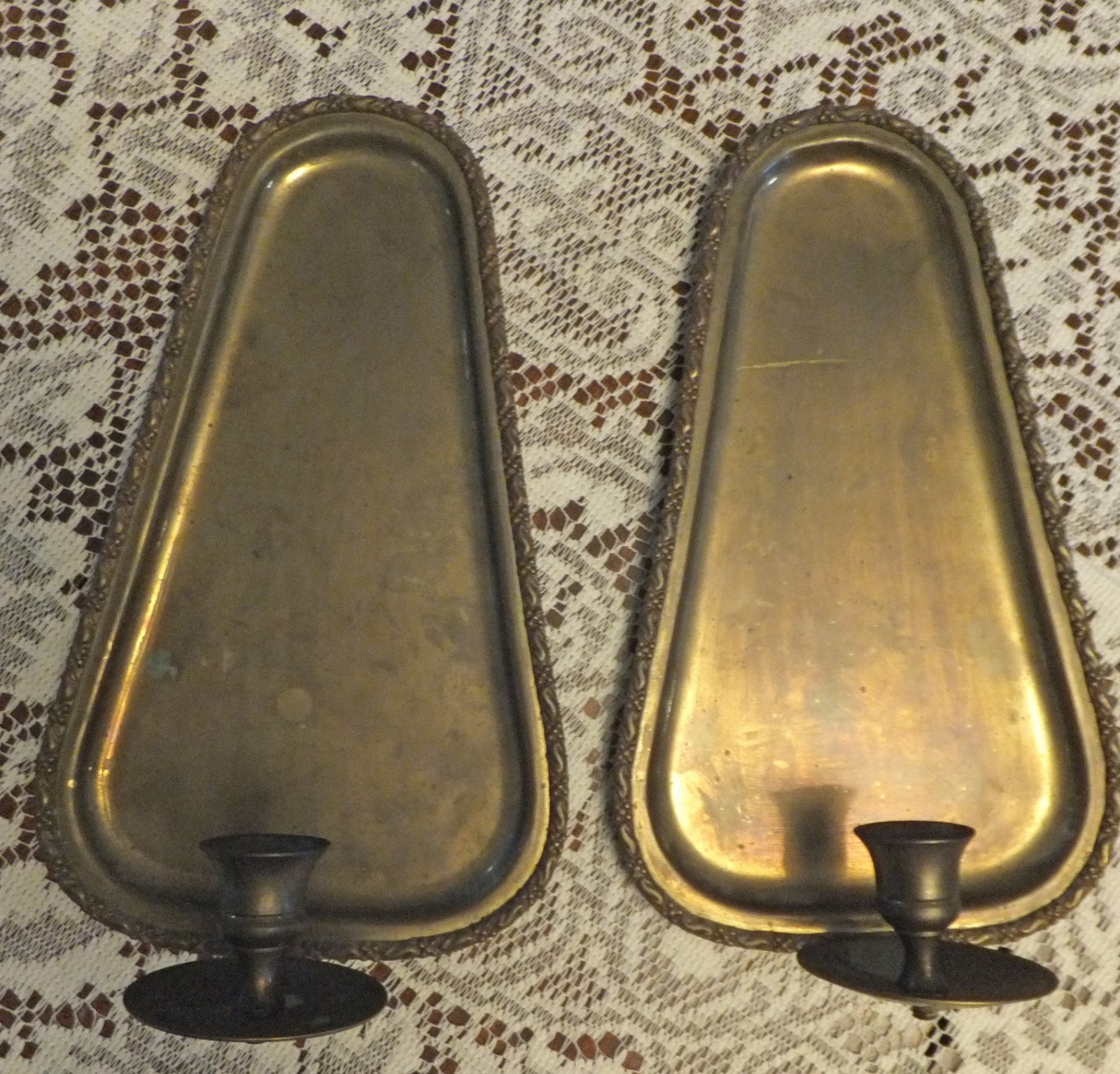 Antique Solid Brass Wall Candle Sconces w/ Ornate Trim