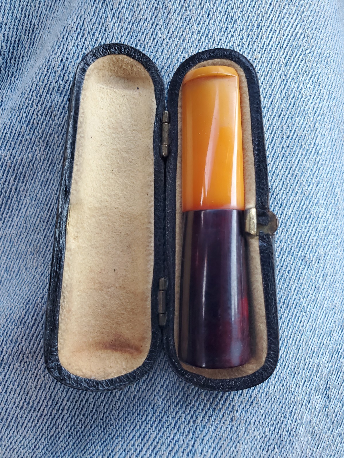 Antique French Briar & Amber-Resin Cigar Holder Goudron Case Saint-Claude c1910