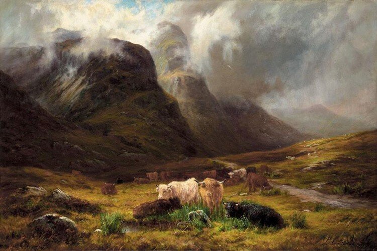 Oil painting Louis_Bosworth_Hurt-In_Glencoe landscape with cow cattle
