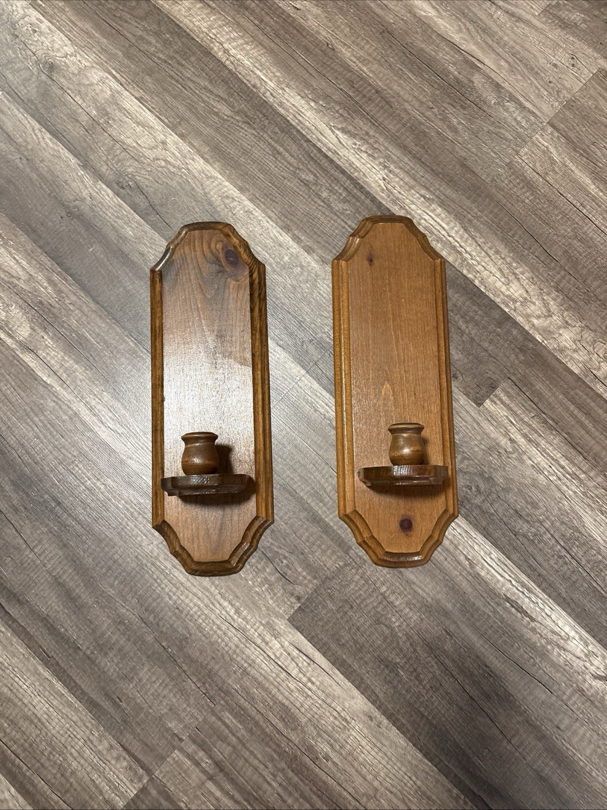 Two Vintage Wood Farmhouse Wall Candle Holders Walnut Stained Cottage Core Retro Two Vintage Wood Farmhouse Wall Candle Holders Walnut Stained Cottage Core Retro