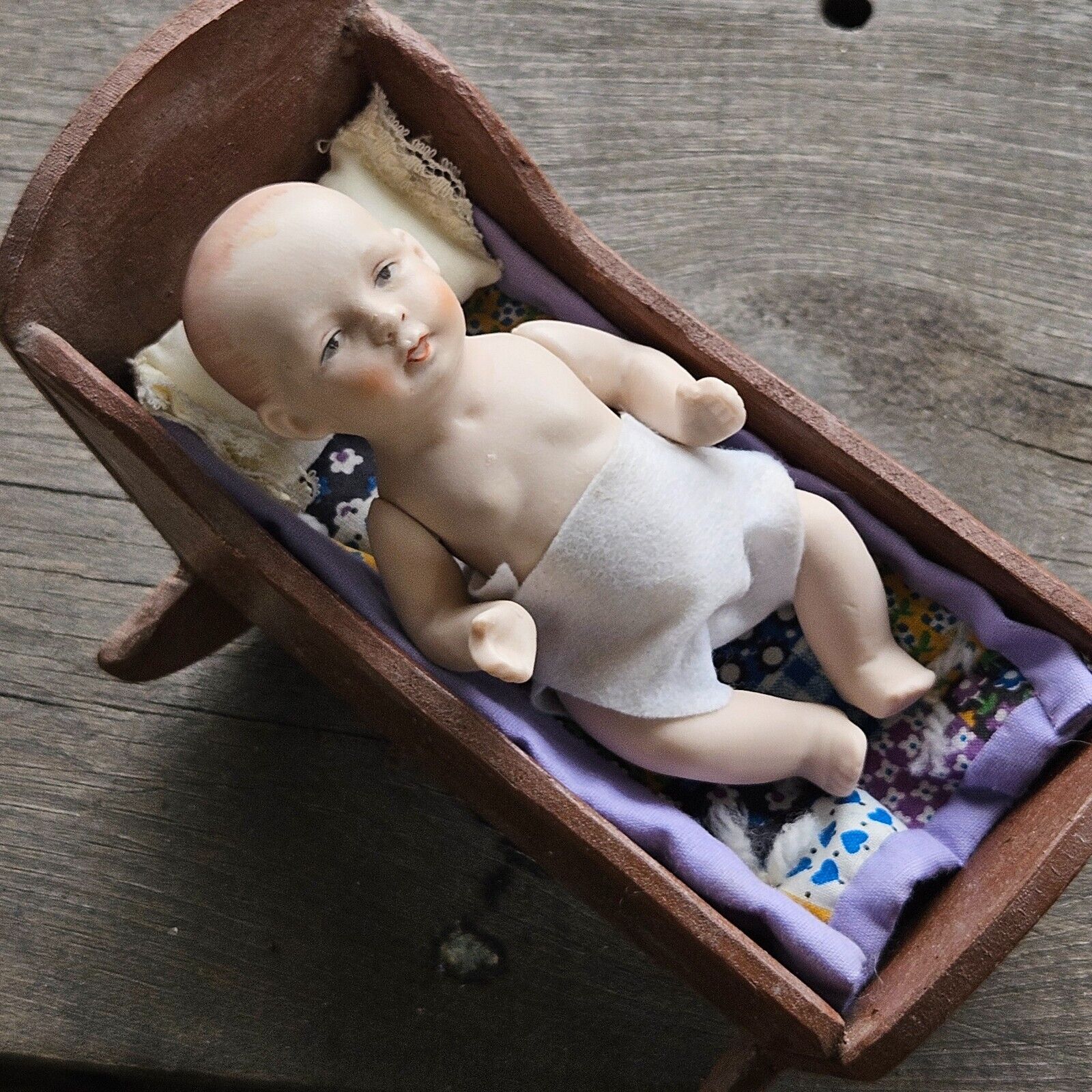 Antique Reproduction All Bisque Doll Wood Baby Rocker Cradle Miniature Quilt Lot