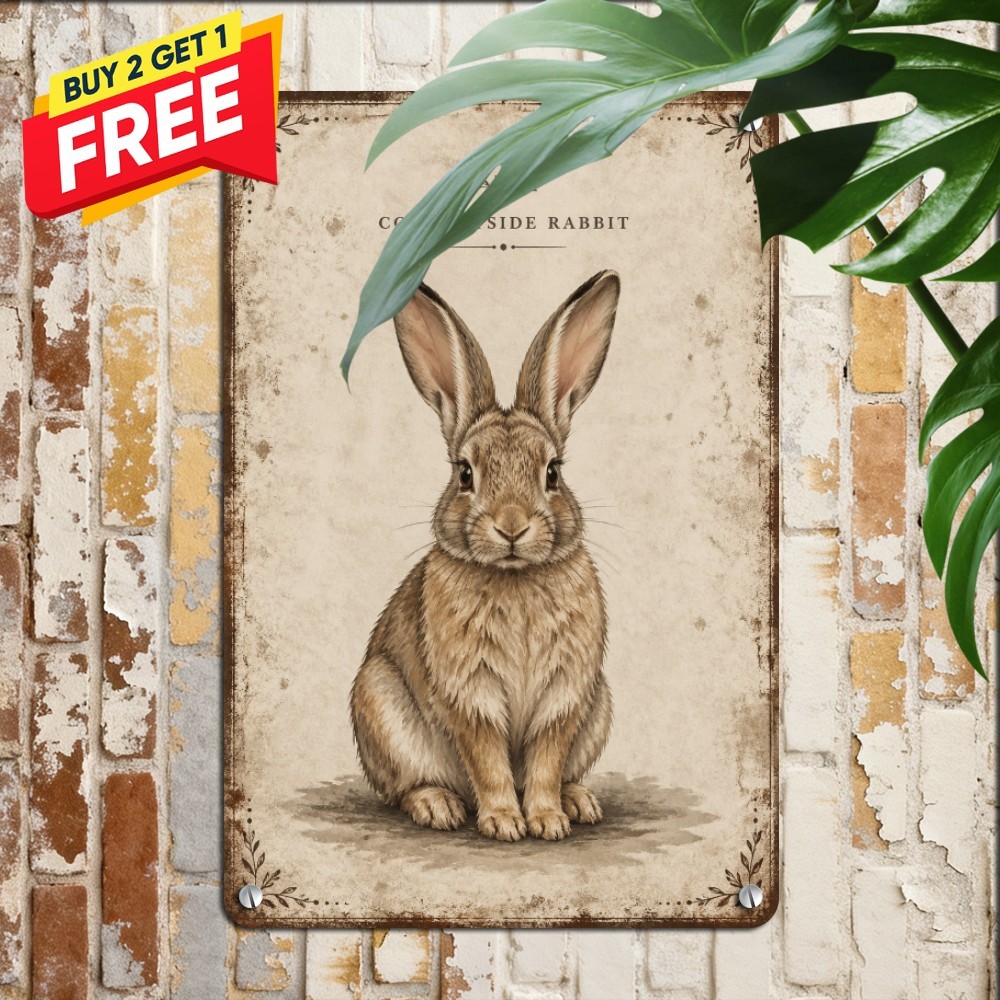 Retro Bunny Metal Wall Sign Distressed Rustic Rabbit Plaque 8x12 In