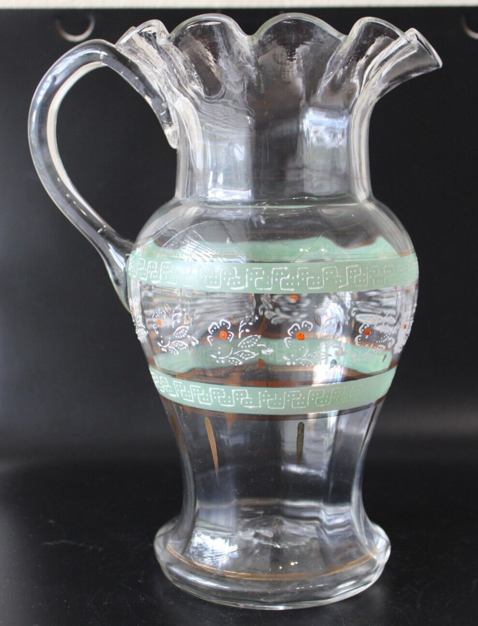 Antique Victorian Blown Glass Hand Painted Enamel Floral  Pitcher Ruffled Edge
