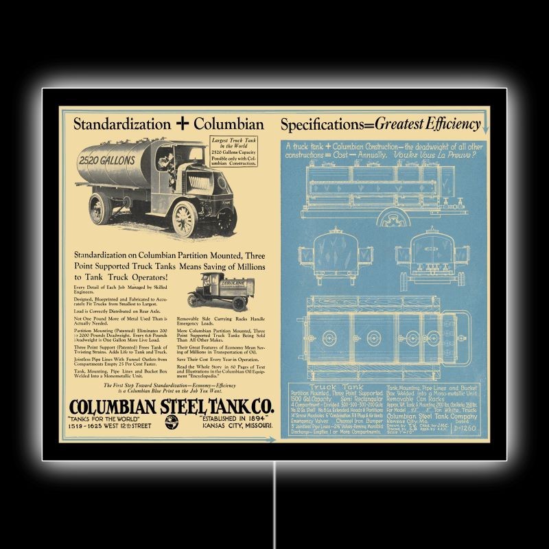 1921 Columbian Steel Tank on Mack Truck NEW LED Hanging Lighted Sign: 18x23\