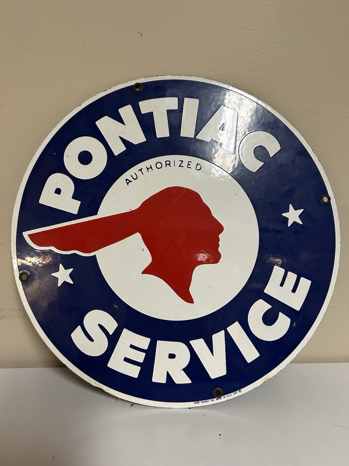 Vintage Pontiac Service Porcelain Enameled Metal Sign 11x11 Rooney 1987 USA