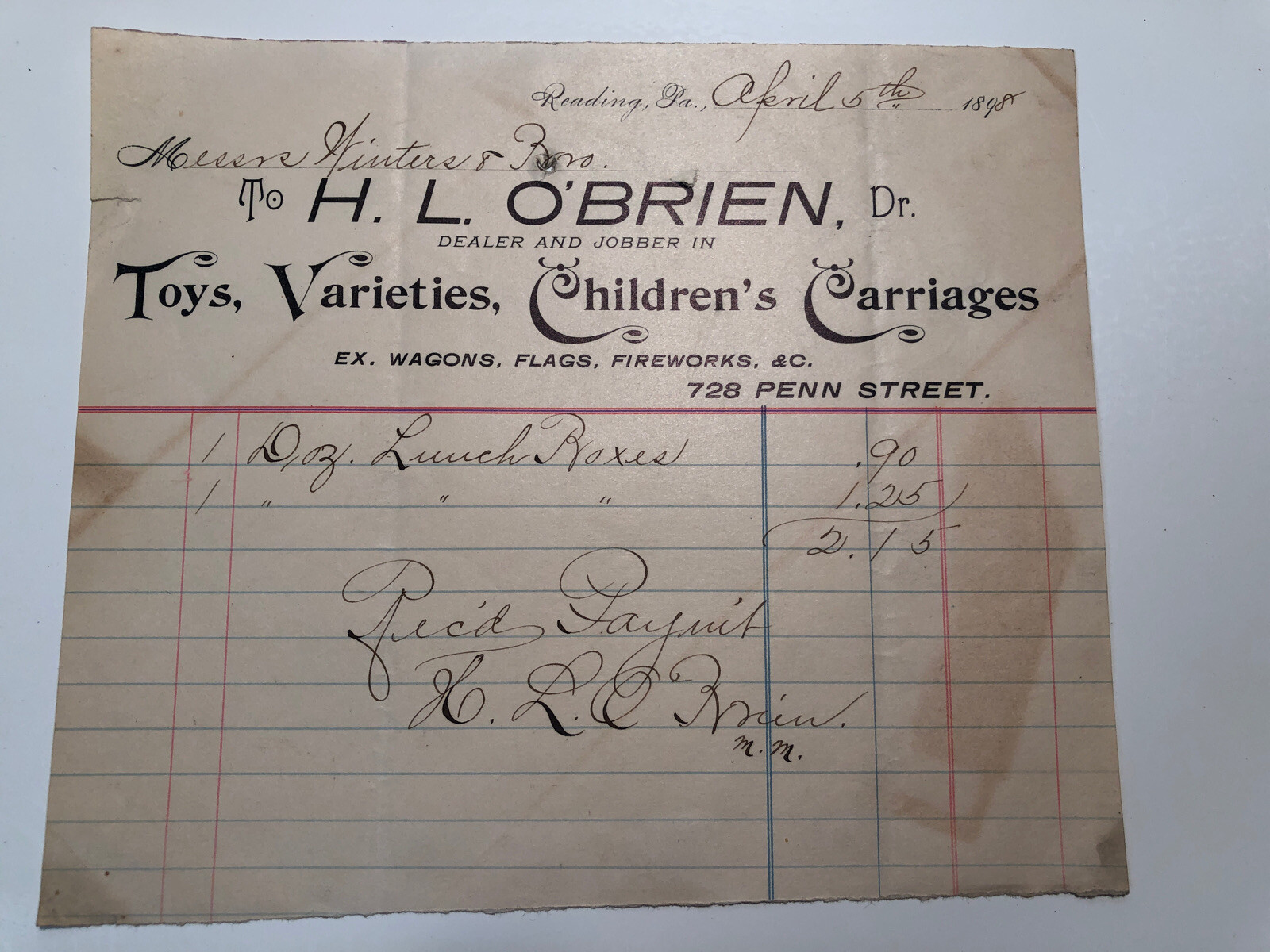 1898 H.L. O\'Brien Dealer Toys Children Carriages Reading Pa Invoice Letterhead