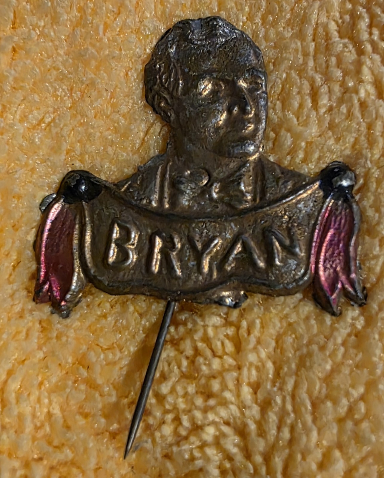 Antique William Jennings Bryan Campaign Stickpin Figural Ribbon Banner Pin 1896