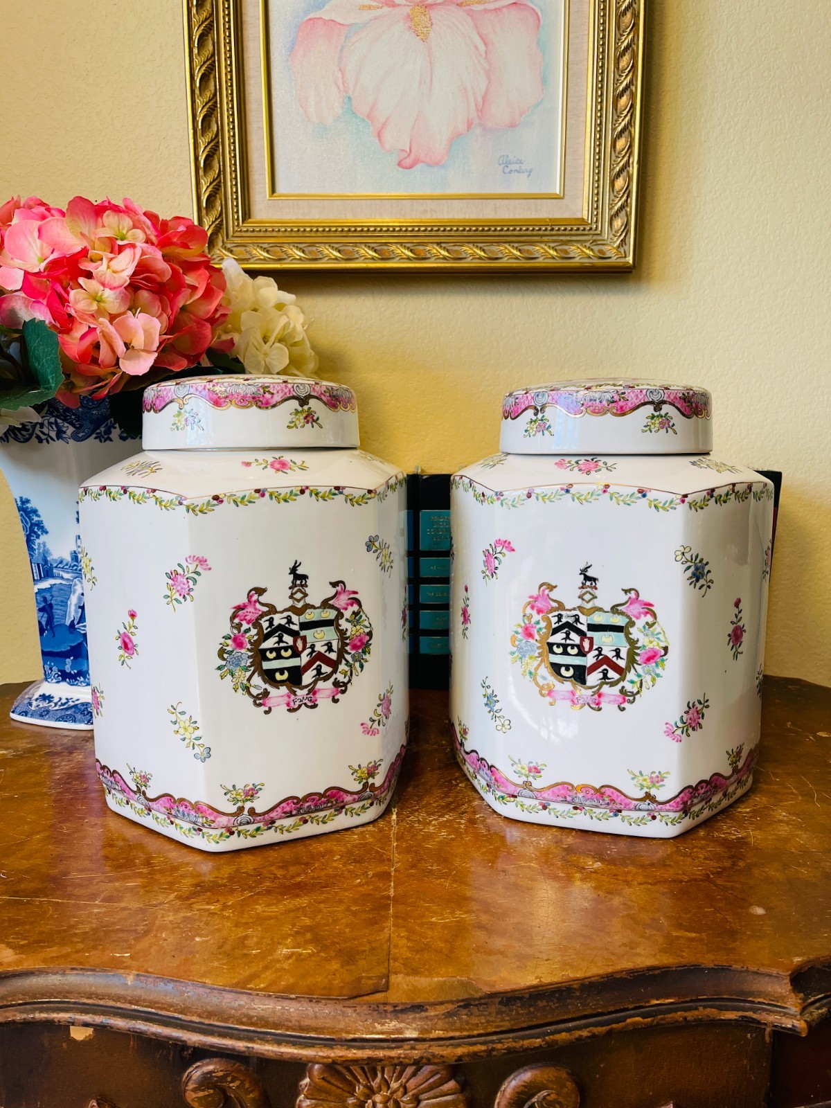 Large Pair Set Vintage Asian Pink Floral Porcelain Ginger Jars Large Pair Set Vintage Asian Pink Floral Porcelain Ginger Jars