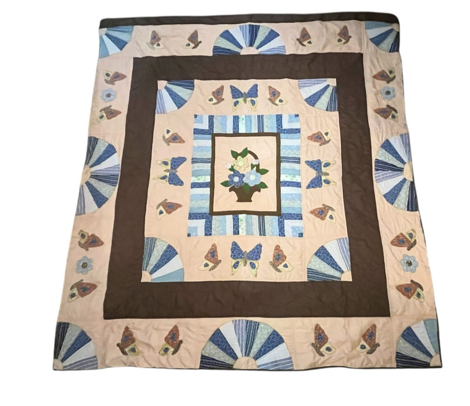 Vintage Grandmother\'s Fan Butterfly Patchwork Quilt Basket Full/Queen 89”x80”
