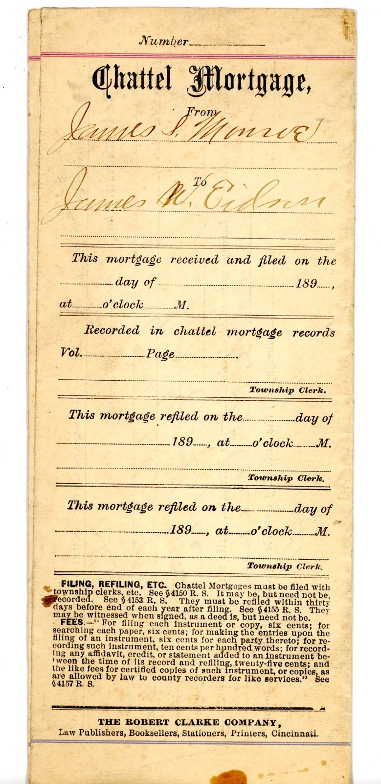 1886 Ohio Chattel Mortgage James S. Munroe to James H. Eldren Bradford House
