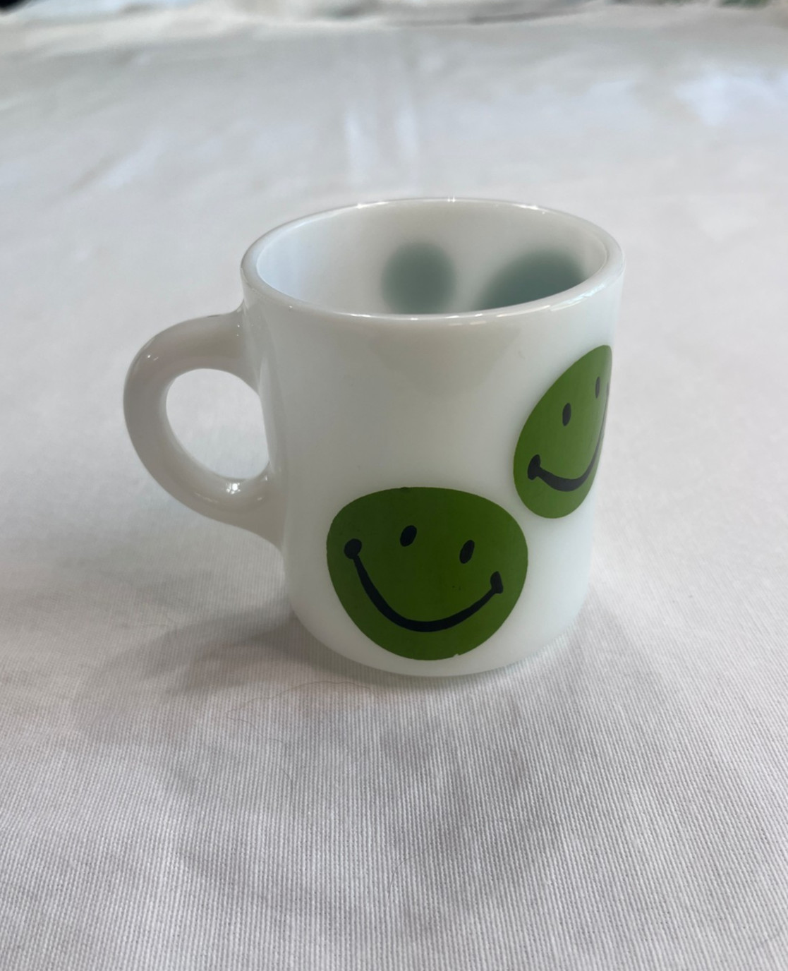 Vintage 1970s White Milk Glass Smiley Face Mug 3 1/2 Vintage 1970s White Milk Glass Smiley Face Mug 3 1/2
