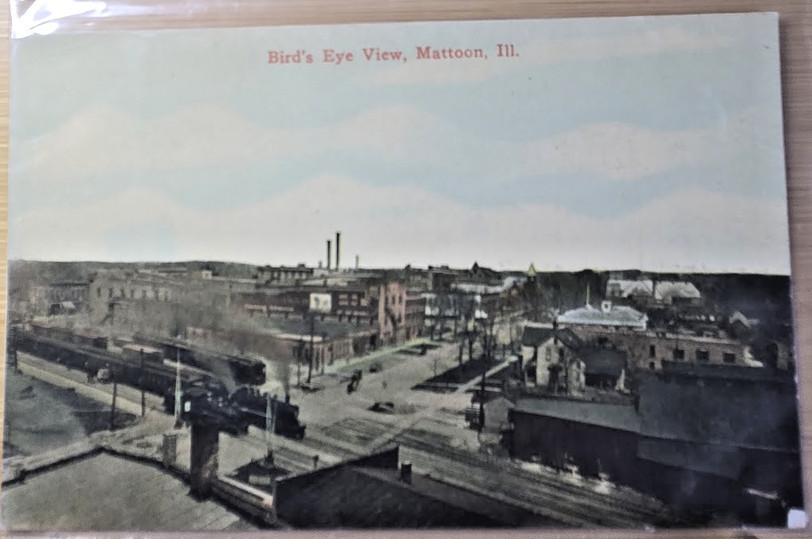 Birds Eye View Mattoon Illinois Postcard Unused Train Downtown 1529