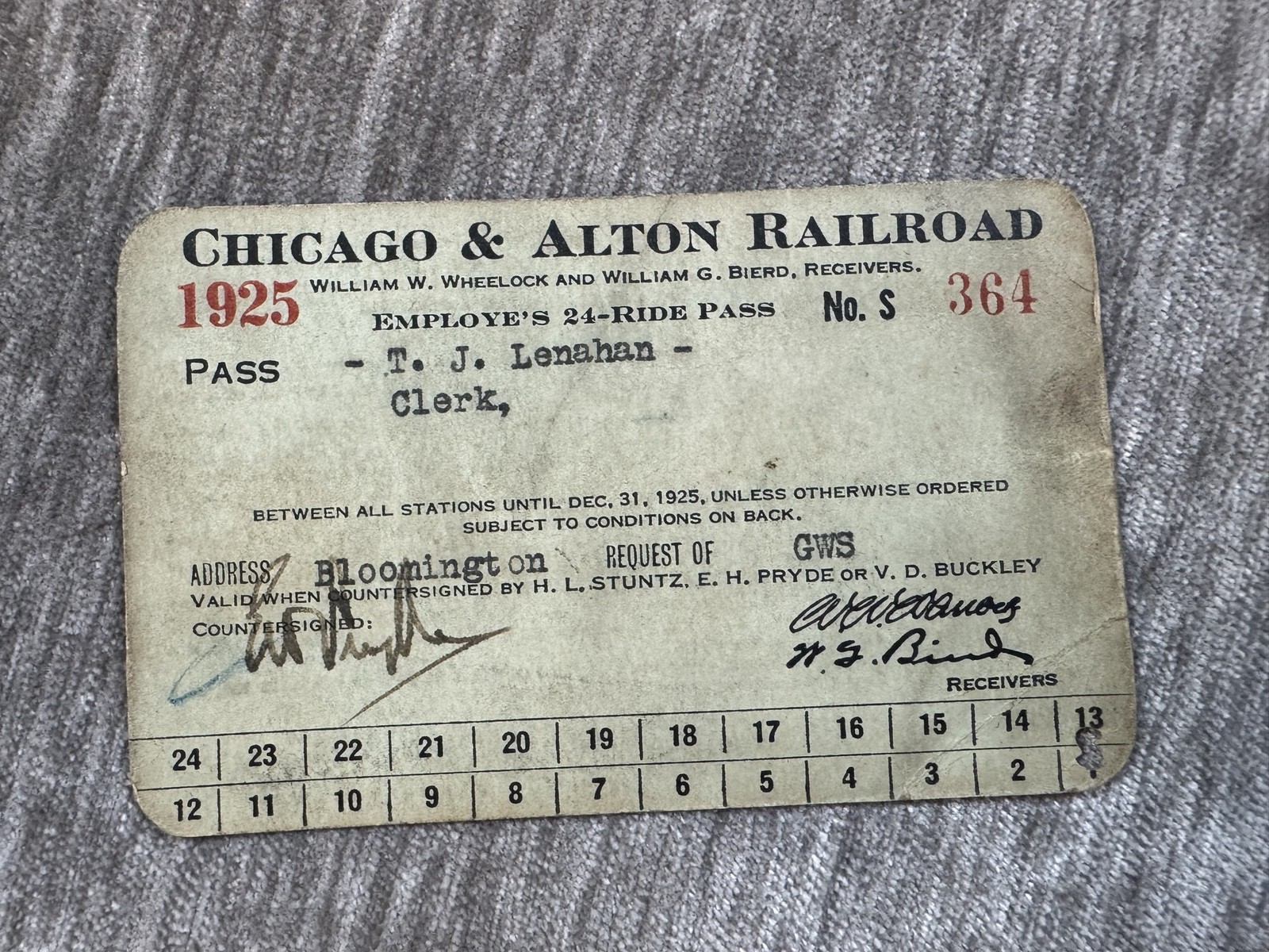 Vintage 1925 Chicago & Alton Railroad Ticket Card Bloomington Vintage 1925 Chicago & Alton Railroad Ticket Card Bloomington