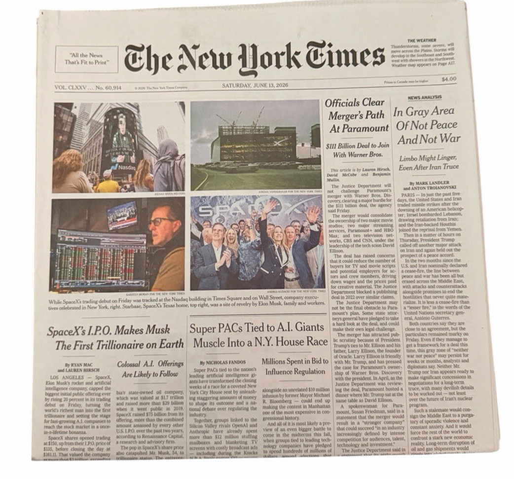The New York Times Newspaper June 13 2026 SpaceX's IPO Makes Musk Trillionaire The New York Times Newspaper June 13 2026 SpaceX's IPO Makes Musk Trillionaire