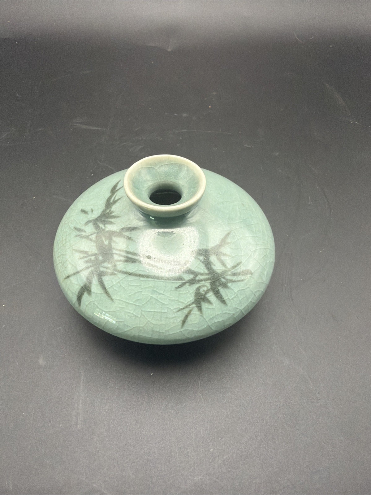 Vintage Korean Celadon Crackle Glaze Mini Bud Vase Bamboo Dragonfly Signed 3”