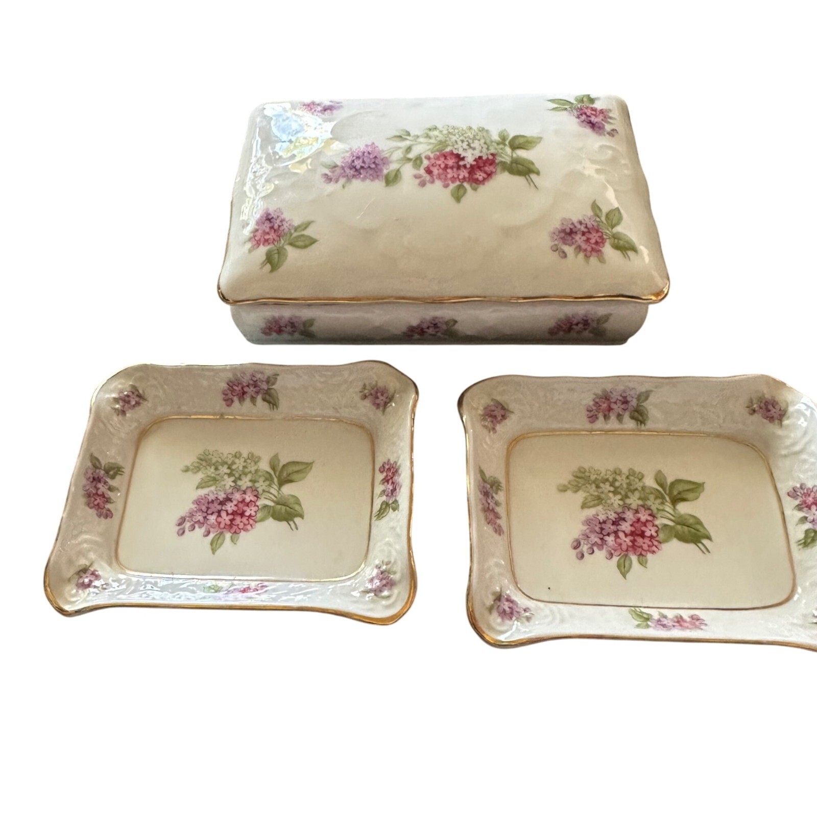 Vintage Schumann Dresden Lila Time Porcelain Box & 2 Trays Floral Design Germany