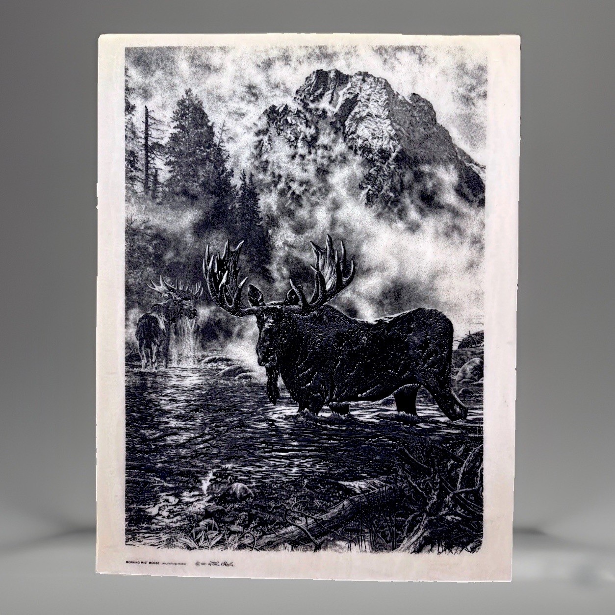 Vintage 1981 Bill O\'Neill Morning Mist Moose Etched Marble Plaque Wildlife Art Vintage 1981 Bill O\'Neill Morning Mist Moose Etched Marble Plaque Wildlife Art