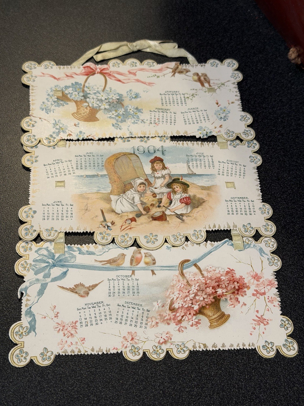 Antique 1904 Die Cut Ribbon Calendar Victorian Children Beach Ephemera Vintage