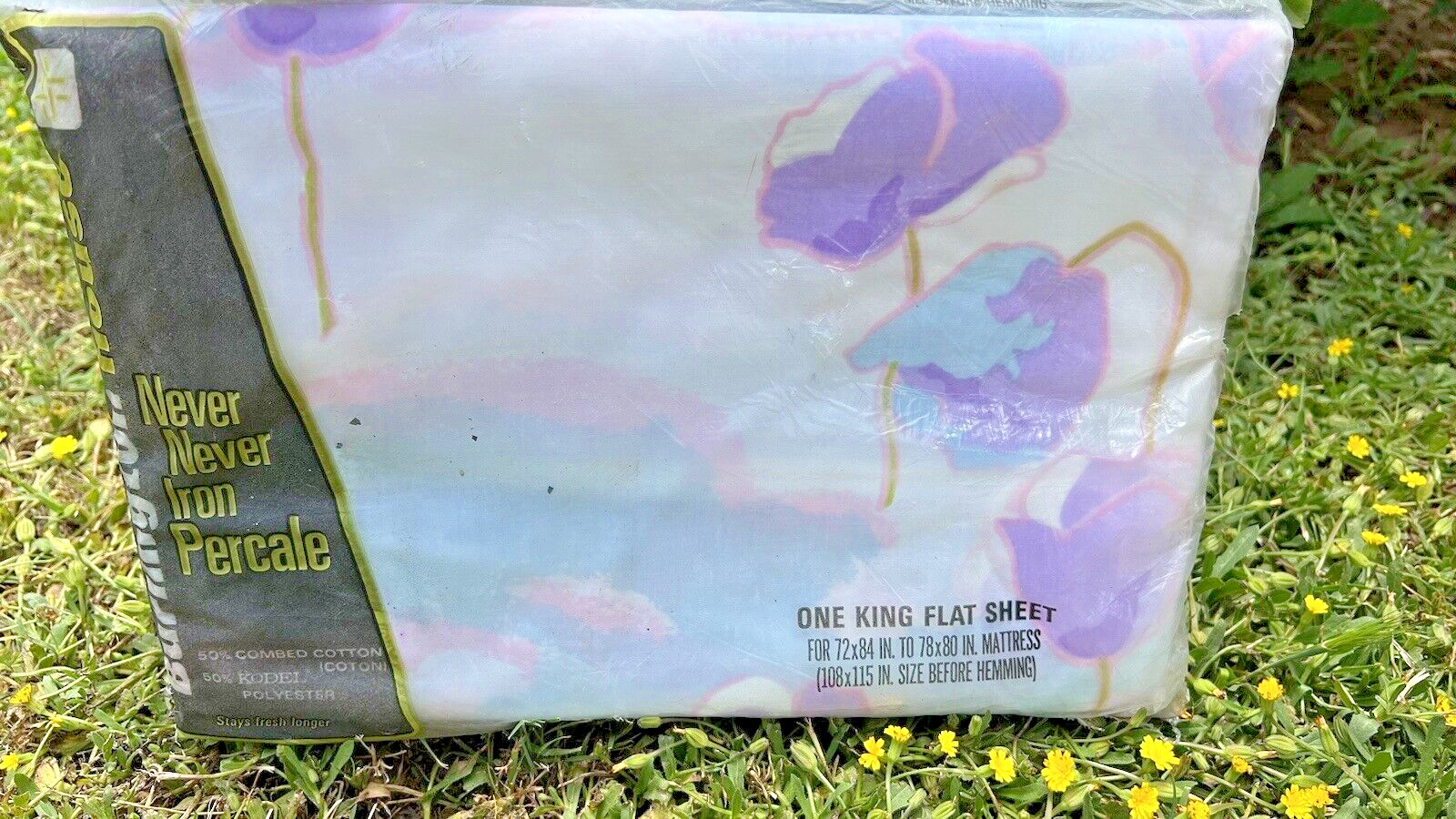 Vintage 70s 80s Burlington House KING SIZE Flat Sheet Pastel Floral Water Poppy