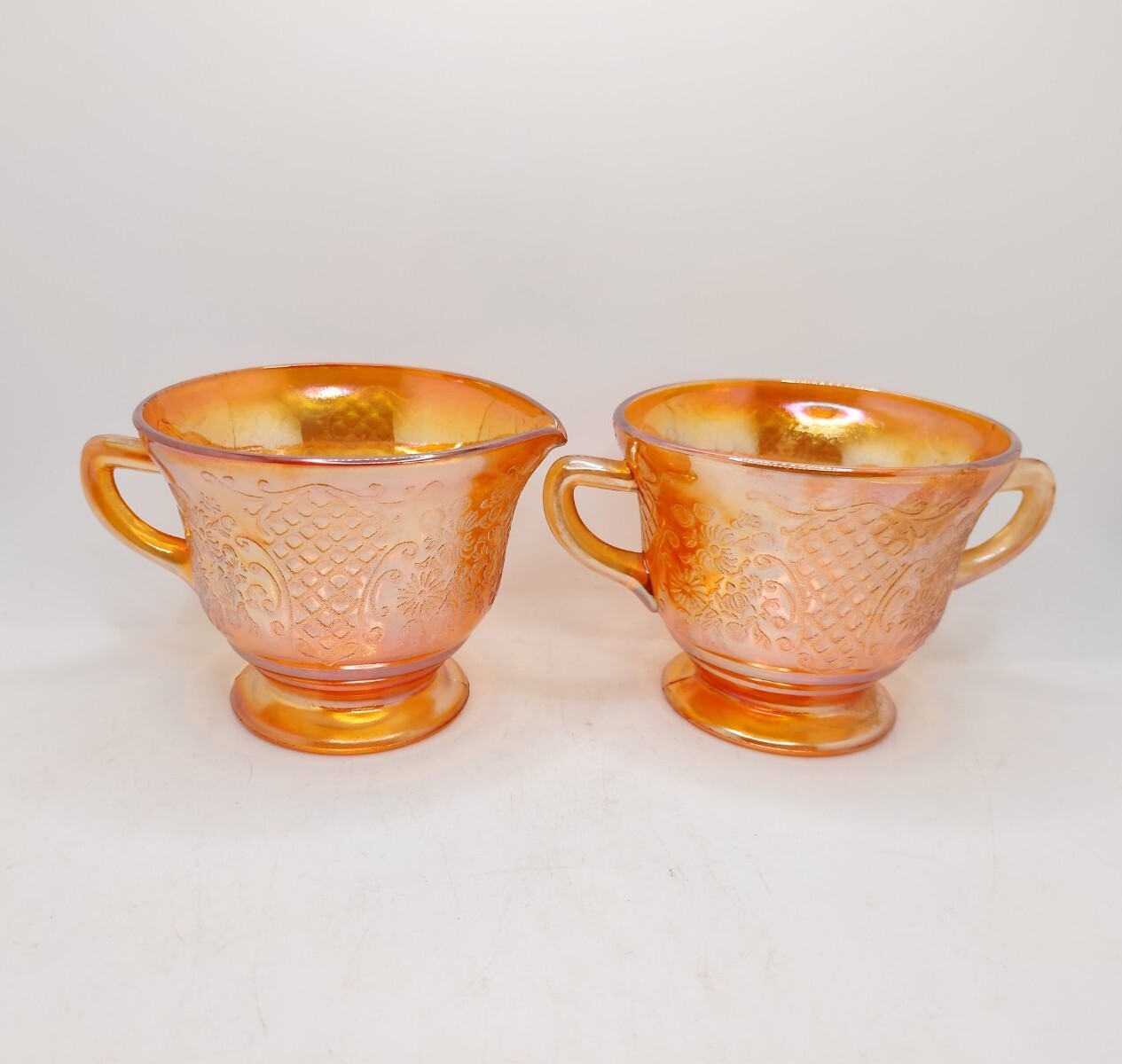 Vtg Federal Normandie Bouquet Lattice Marigold Carnival Glas Sugar & Creamer Set Vtg Federal Normandie Bouquet Lattice Marigold Carnival Glas Sugar & Creamer Set