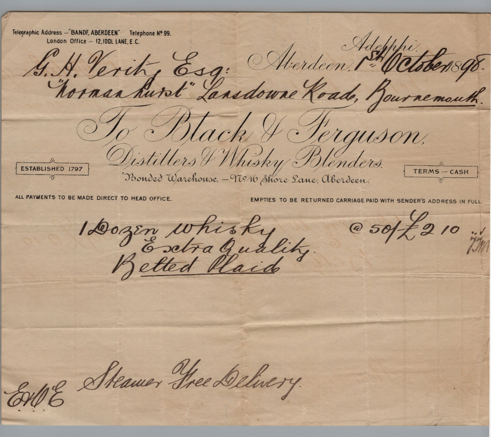 1898 Billhead Black & Ferguson, Distillers & Whisky, Aberdeen Scotland RARE 1898 Billhead Black & Ferguson, Distillers & Whisky, Aberdeen Scotland RARE