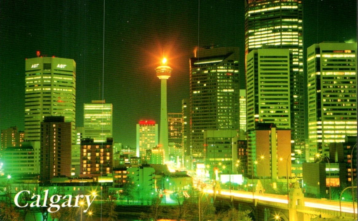 Calgary Alberta - Calgary Tower and Downtown Skyline at Night - Postcard 1990 Calgary Alberta - Calgary Tower and Downtown Skyline at Night - Postcard 1990