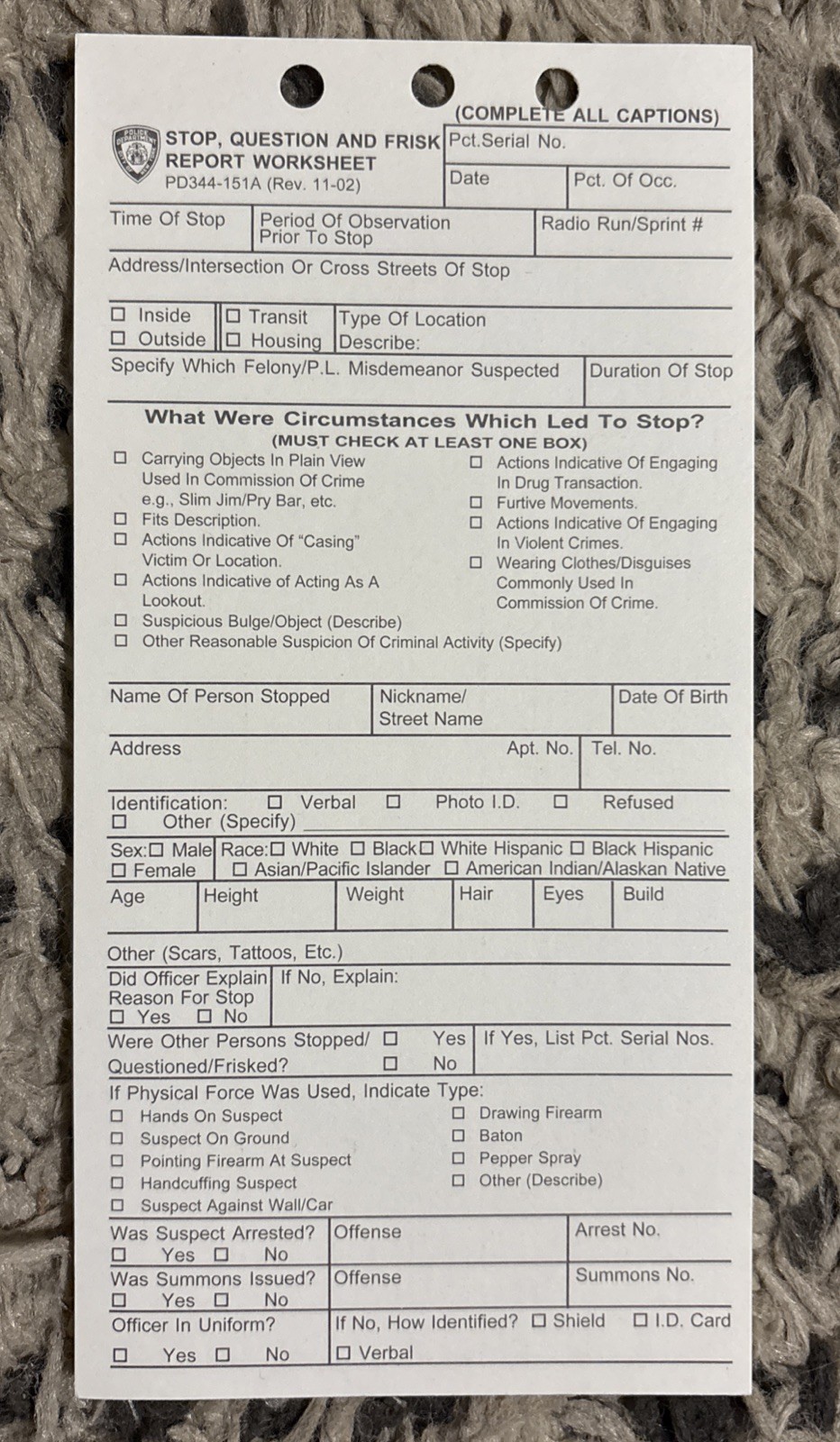 Vintage NYPD Stop Question And Frisk Report Worksheet
