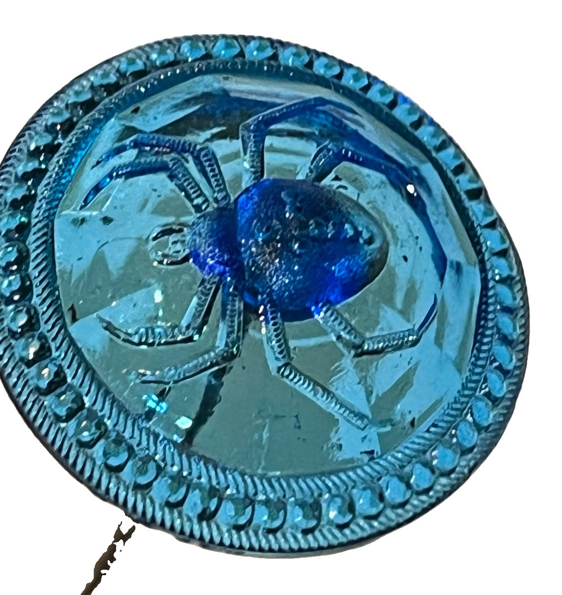 Antique Victorian Edwardian Cobalt Blue Czech Pressed Glass Spider Hat Pin 