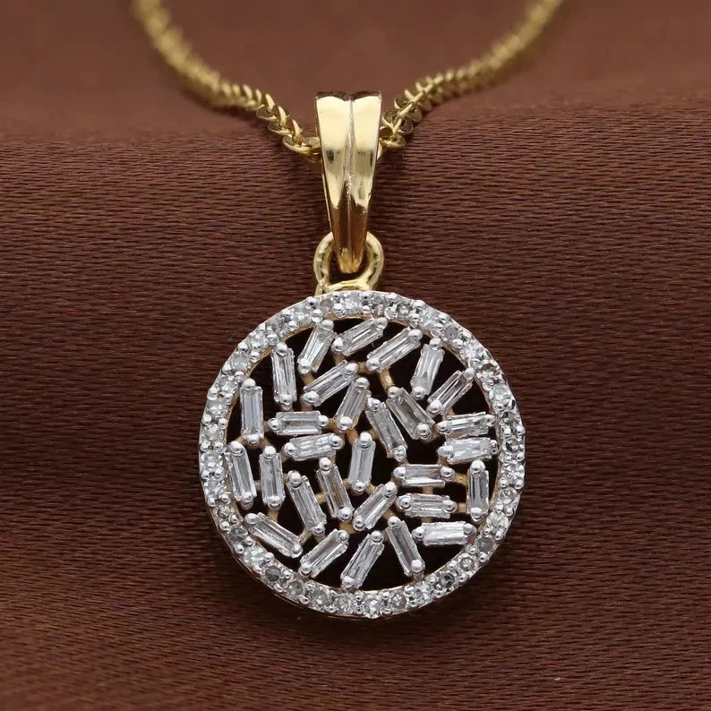 Ladies 18K Yellow Gold Over Diamond Baguette Pendant with 18\