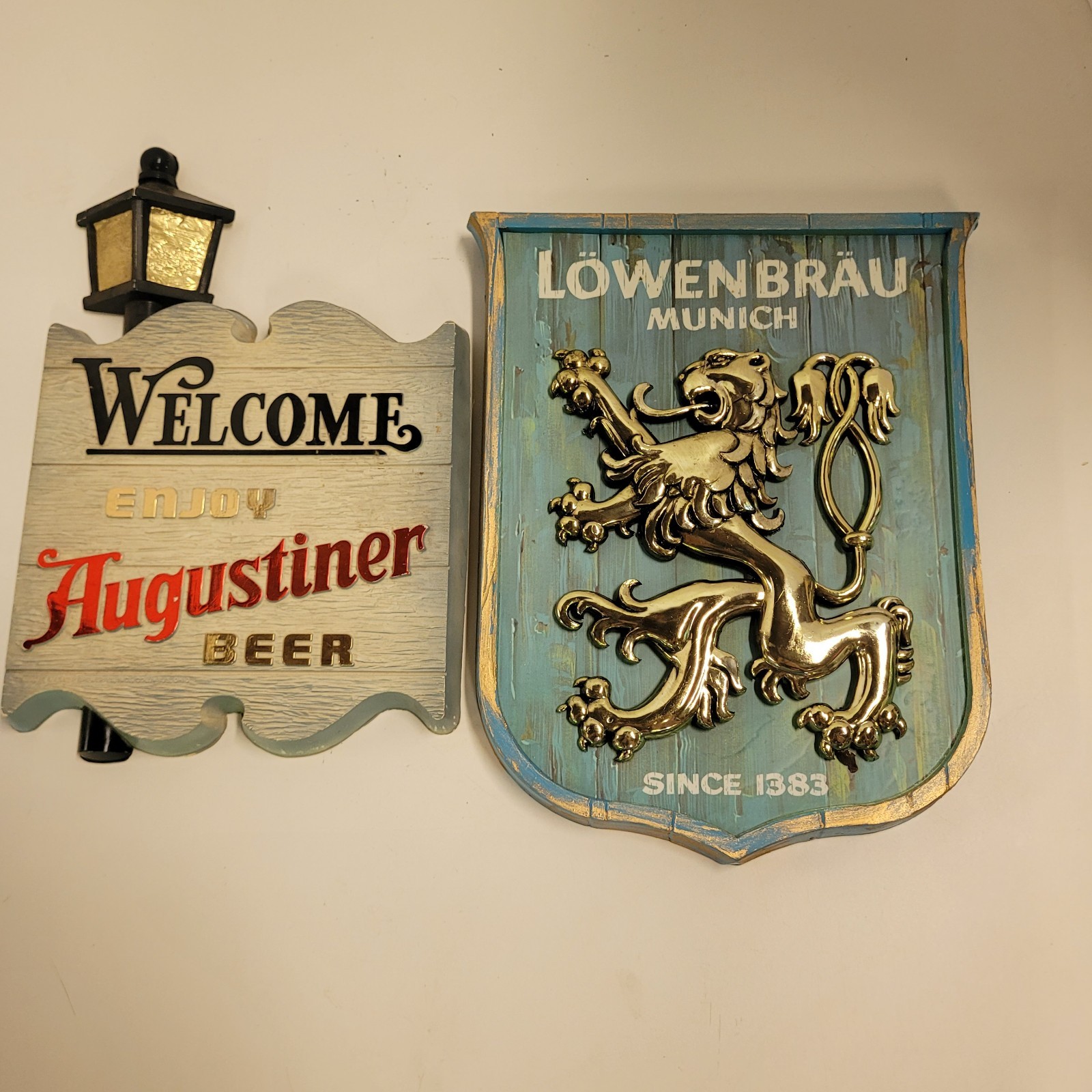 Vintage 1969 Lowenbrau Munich Since 1383 Plastic Wall Hanger 3D, and Augustiner Vintage 1969 Lowenbrau Munich Since 1383 Plastic Wall Hanger 3D, and Augustiner
