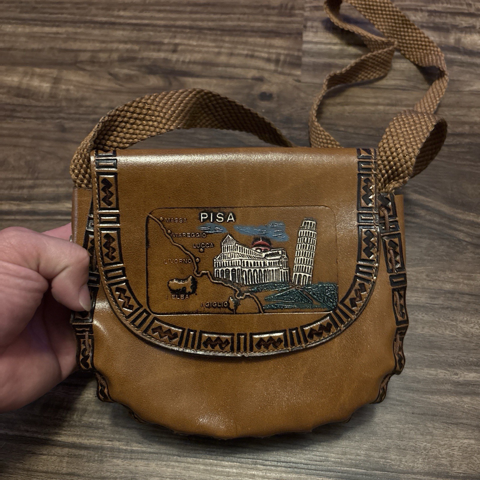 Vintage 70s Italian Tooled Leather Pisa Souvenir Crossbody Bag Boho Map Purse